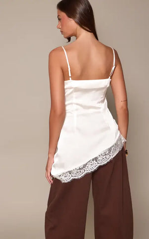 Light Blue Lace Trim Satin Cowl Asymmetric Top