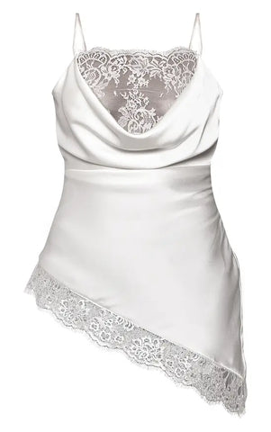 Light Blue Lace Trim Satin Cowl Asymmetric Top