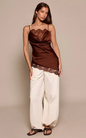 Light Blue Lace Trim Satin Cowl Asymmetric Top