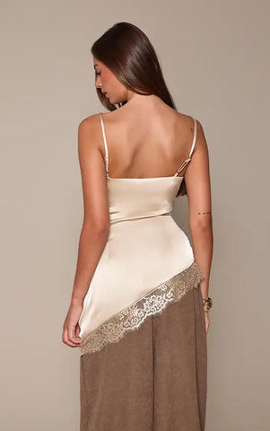 Light Blue Lace Trim Satin Cowl Asymmetric Top