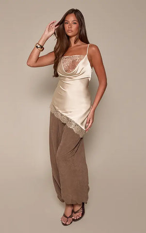 Light Blue Lace Trim Satin Cowl Asymmetric Top