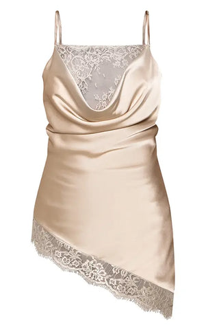 Light Blue Lace Trim Satin Cowl Asymmetric Top