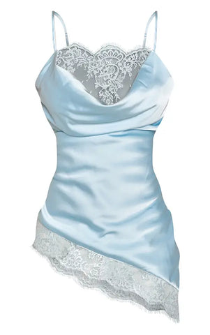 Light Blue Lace Trim Satin Cowl Asymmetric Top