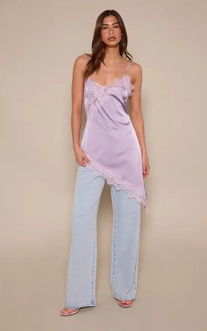 Satin Lace Detail Asymmetric Long Top