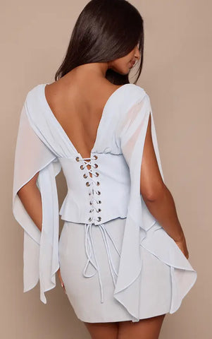 Corset Waist Chiffon Drape Sleeve Top