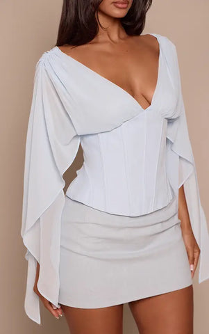 Corset Waist Chiffon Drape Sleeve Top