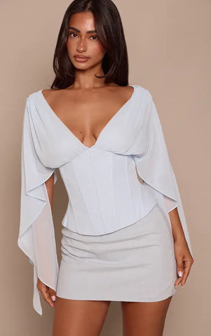 Corset Waist Chiffon Drape Sleeve Top