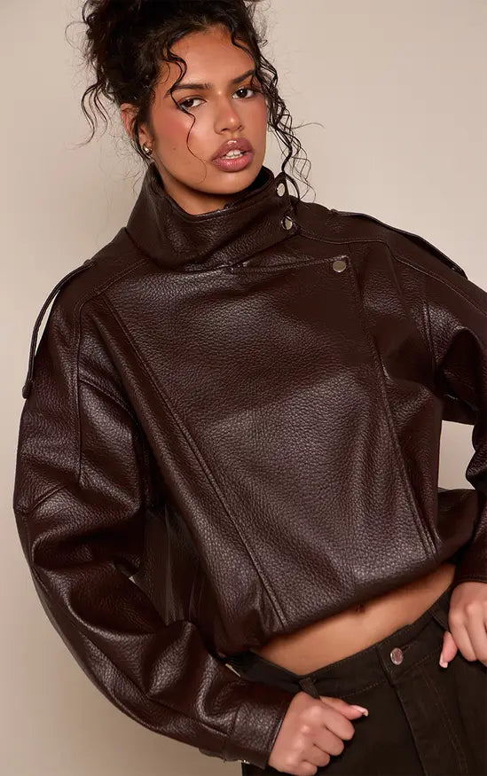 Funnel Neck Faux Leather Biker Jacket