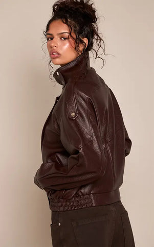 Funnel Neck Faux Leather Biker Jacket