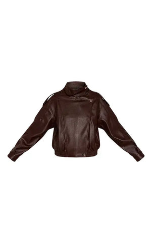 Funnel Neck Faux Leather Biker Jacket