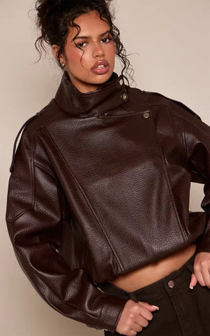 Funnel Neck Faux Leather Biker Jacket