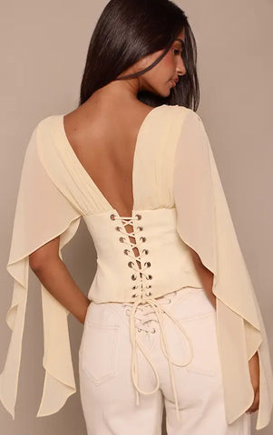 Corset Waist Chiffon Drape Sleeve Top