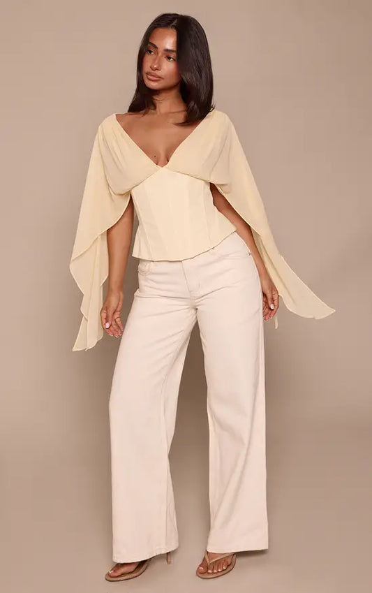 Petite Corset Waist Chiffon Drape Sleeve Top