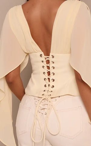 Corset Waist Chiffon Drape Sleeve Top