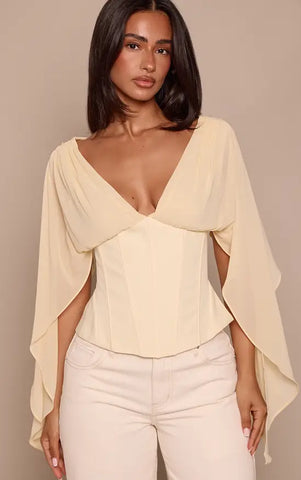 Corset Waist Chiffon Drape Sleeve Top
