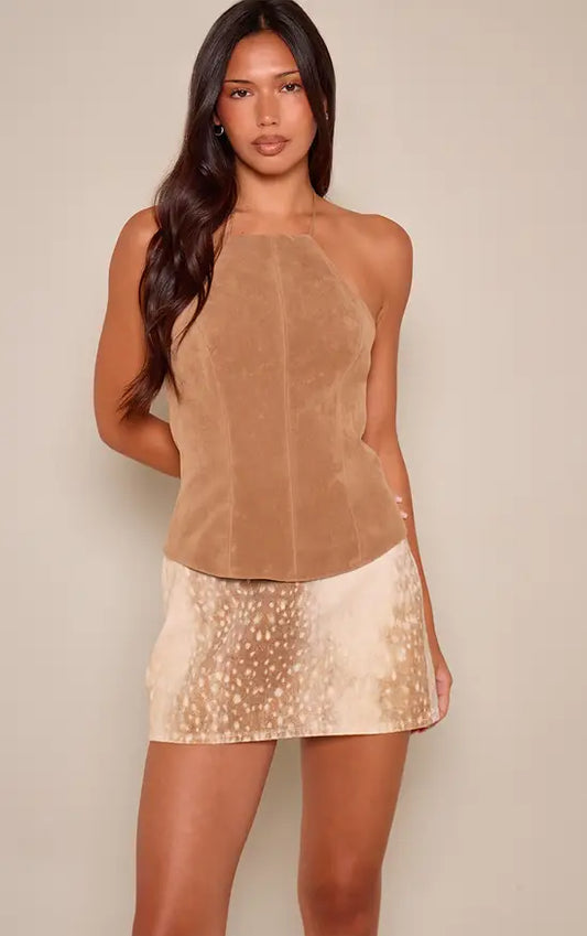 Brown Deer Print Denim Mini Skirt