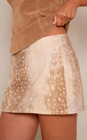 Brown Deer Print Denim Mini Skirt