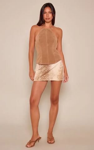 Brown Deer Print Denim Mini Skirt