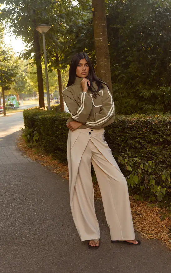 Ecru Pleat Detail Barrel Leg Trousers