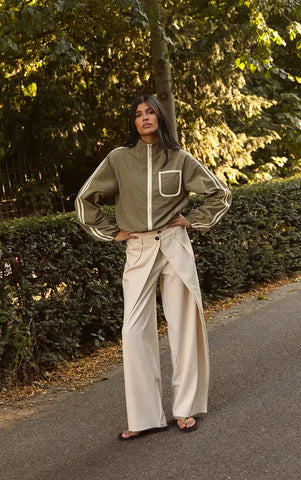 Ecru Pleat Detail Barrel Leg Trousers