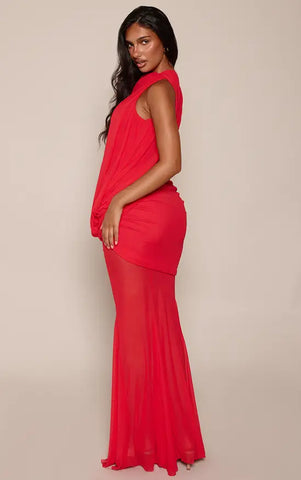 Mesh Asymmetrical Drape Godet Fishtail High Neck Maxi Dress