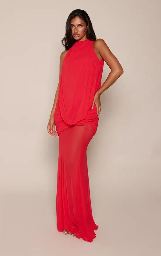 Mesh Asymmetrical Drape Godet Fishtail High Neck Maxi Dress