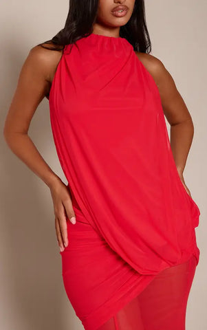 Mesh Asymmetrical Drape Godet Fishtail High Neck Maxi Dress