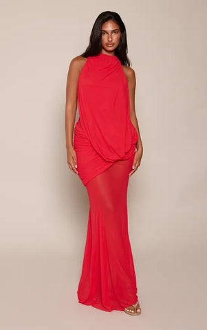 Mesh Asymmetrical Drape Godet Fishtail High Neck Maxi Dress