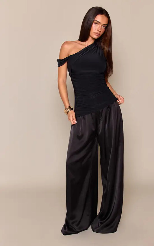 Black Slinky Ruched Strap Detail Top