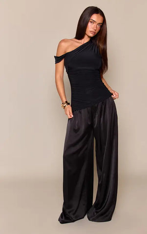 Black Slinky Ruched Strap Detail Top