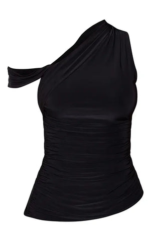 Black Slinky Ruched Strap Detail Top