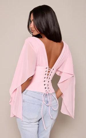 Petite Corset Waist Chiffon Drape Sleeve Top