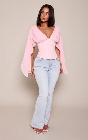 Petite Corset Waist Chiffon Drape Sleeve Top