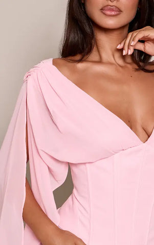 Petite Corset Waist Chiffon Drape Sleeve Top