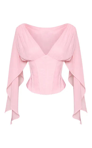 Petite Corset Waist Chiffon Drape Sleeve Top