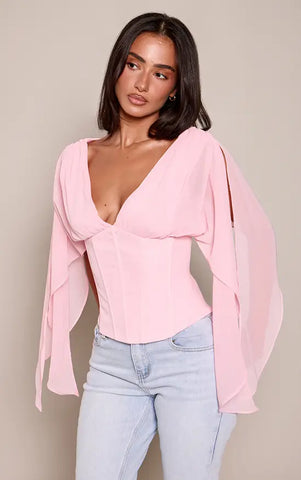 Petite Corset Waist Chiffon Drape Sleeve Top