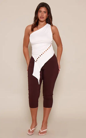 Shape White Soft Touch Eyelet Asymmetrical Hem One Shoulder Top