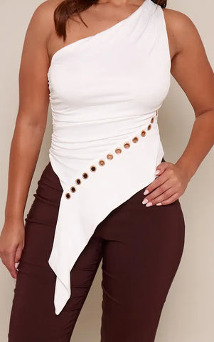 Shape White Soft Touch Eyelet Asymmetrical Hem One Shoulder Top