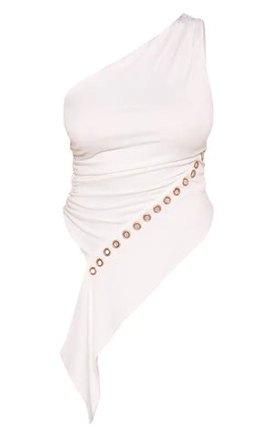 Shape White Soft Touch Eyelet Asymmetrical Hem One Shoulder Top