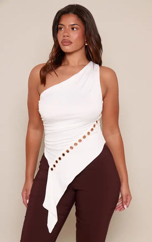 Shape White Soft Touch Eyelet Asymmetrical Hem One Shoulder Top