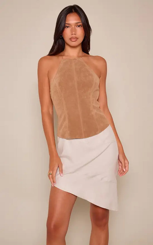 Faux Suede Tie Halterneck Top