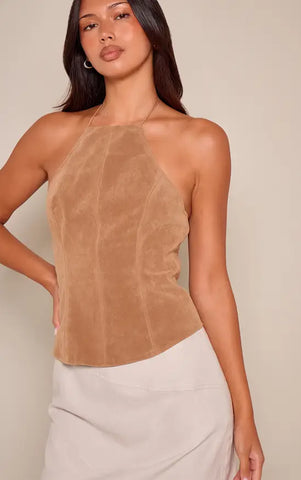 Faux Suede Tie Halterneck Top