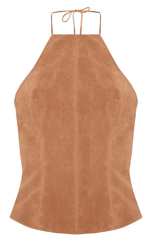 Faux Suede Tie Halterneck Top