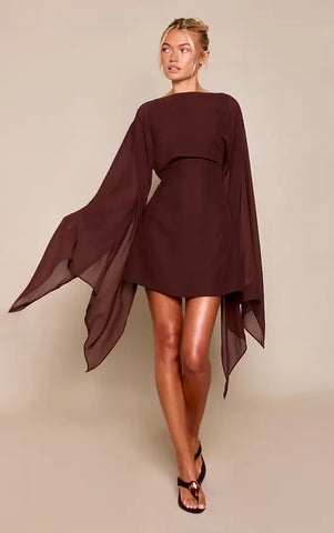 Chocolate Cape Detail Mini Dress