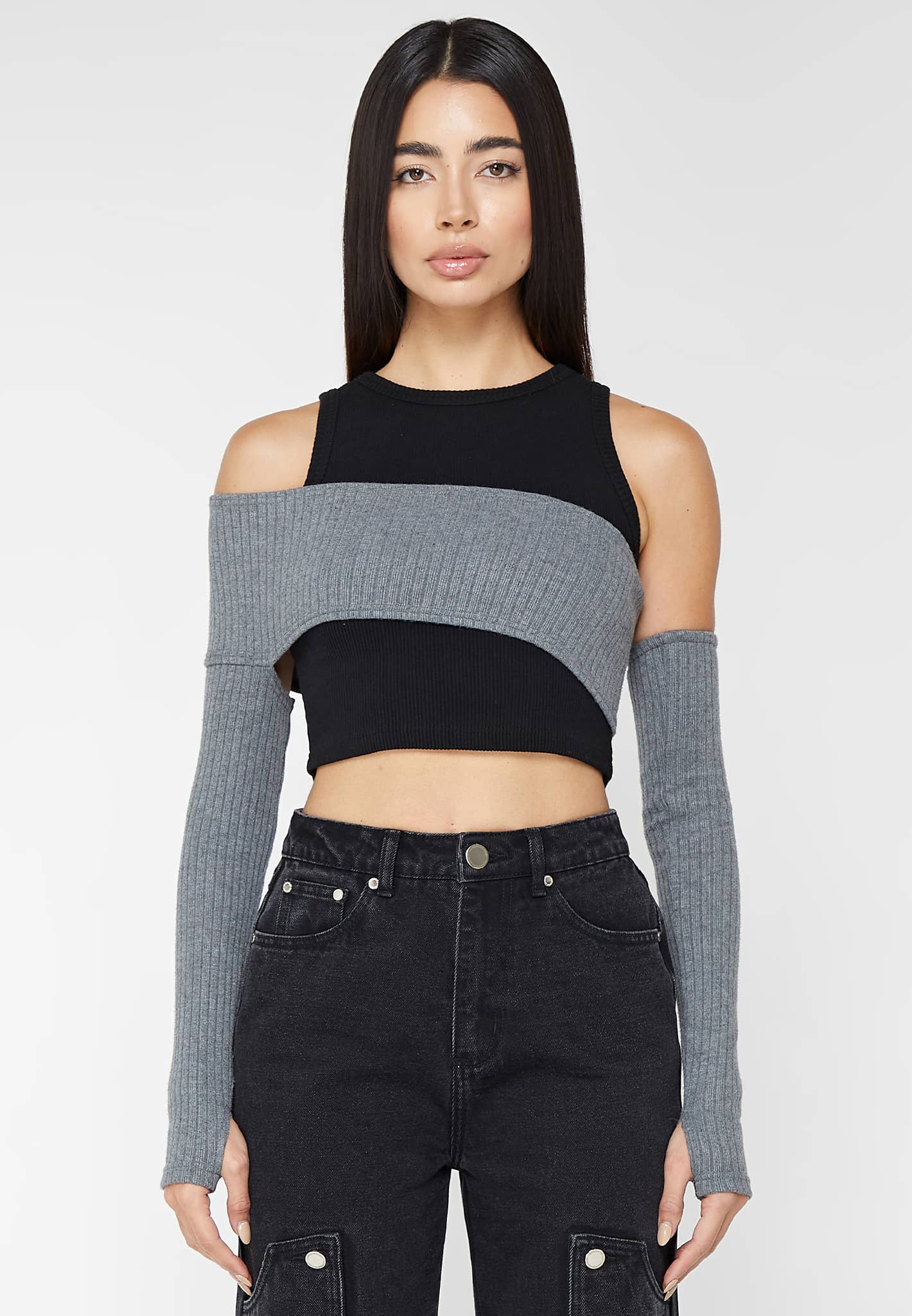 Crop Top with Knitted Overlay - XS / Black and Grey