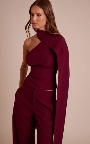 Tailored Woven Shoulder Cape Top and Trousers- Wine