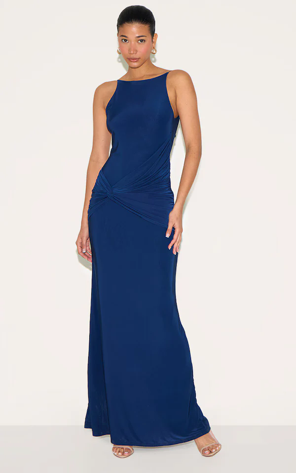 Double Layer Slinky Twited Front Halter Neck Maxi Dress