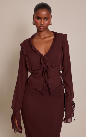 Chiffon Ruffle Tie Front Blouse