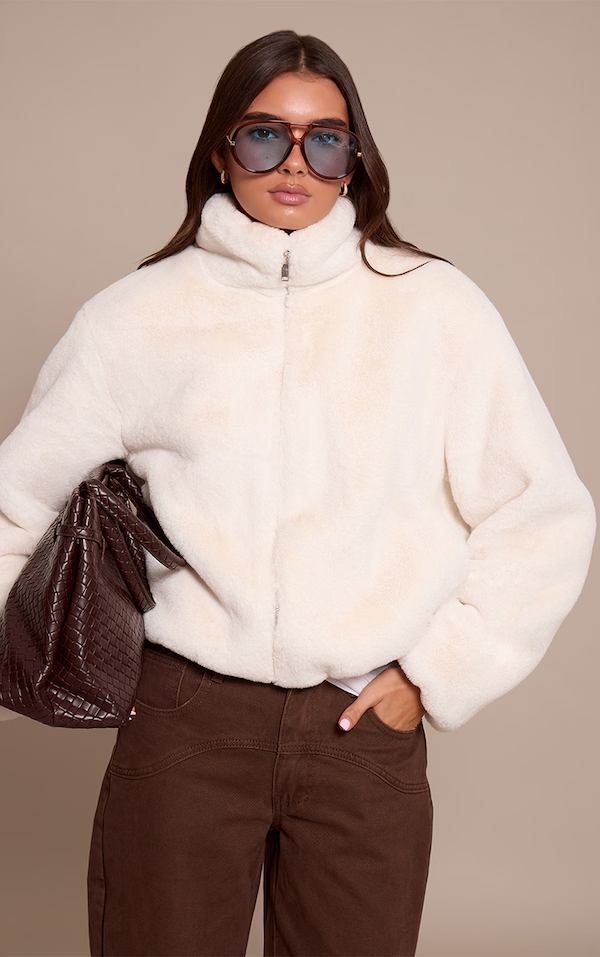 Dark Chocolate Plush Faux Fur Cropped Bomber Style Coat