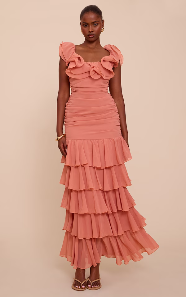Chiffon Ruched Ruffle Maxi Dress